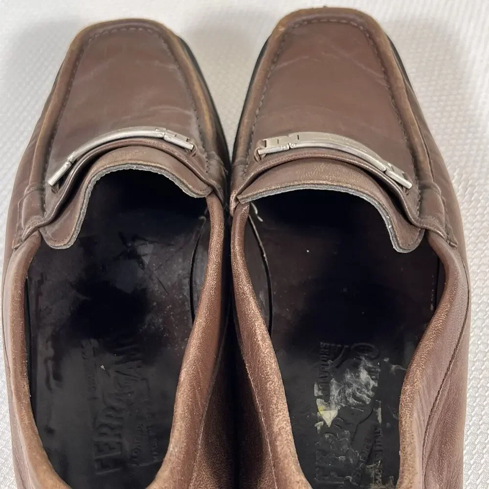 Salvatore Ferragamo Gancini Logo Plate Loafers Brown‎ Leather Men's Size 8.5 D